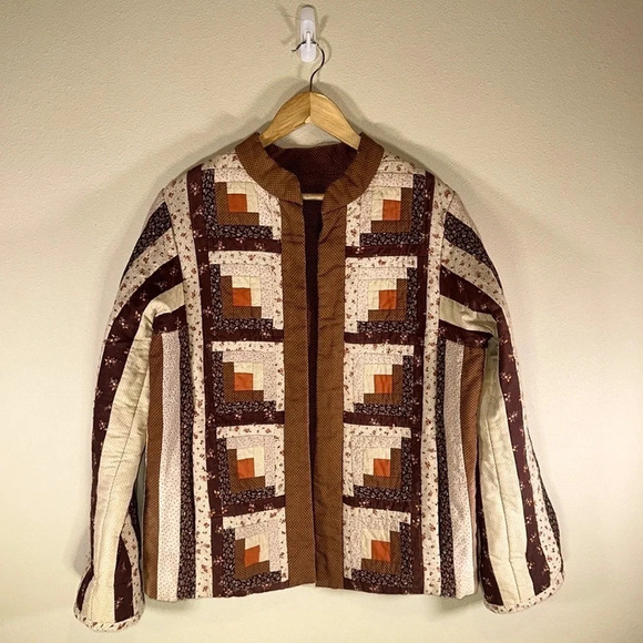 Vintage Handmade Upcycled Log Cabin Quilt Coat Size Medium Boho Granny Cottage - Picture 2 of 8